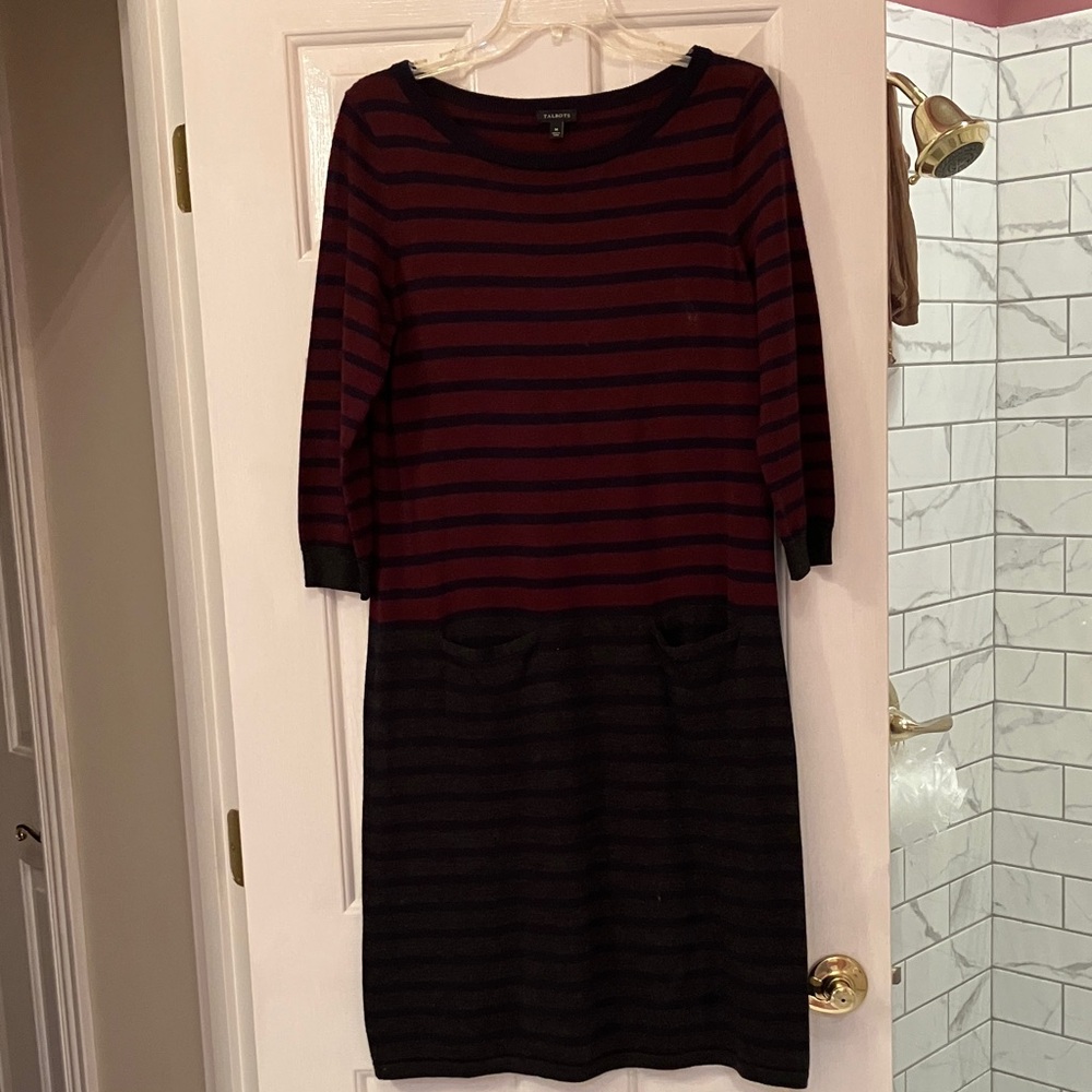 Talbots Long Sleeve Dress - Navy and Dark Red Stripes